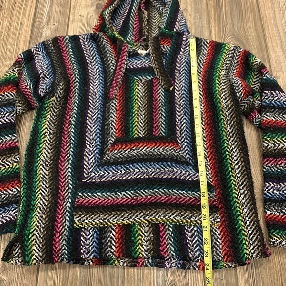 Earth Rugz Baja Jacket Mexican Thread Coat Drug Rug Black Rainbow Hoodie Poncho - Picture 3 of 6